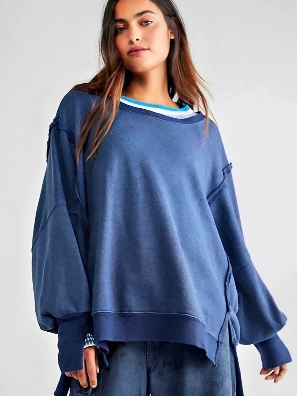 Free People We The Free Camden Oversized Blue Crewneck Sweatshirt Size L
